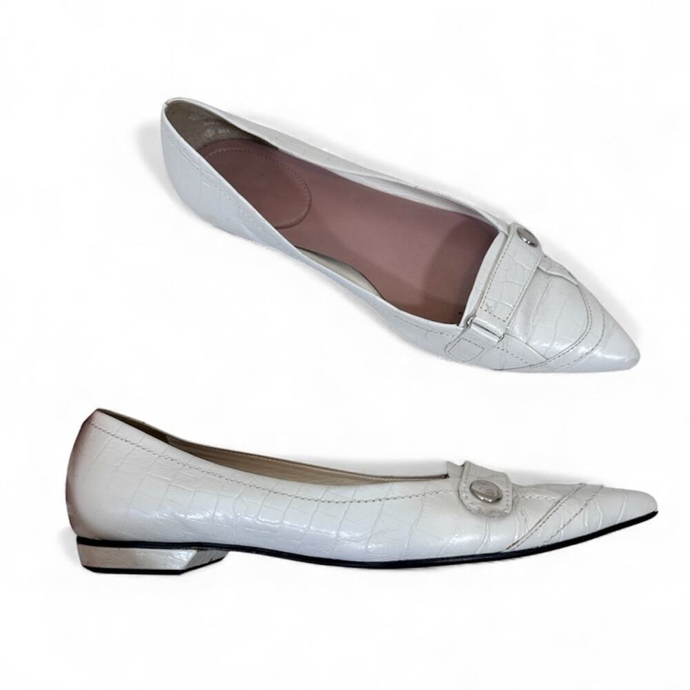 Vintage Nine West White Croc Embossed Leather Pointed Toe Loafers Womens 7 Flats